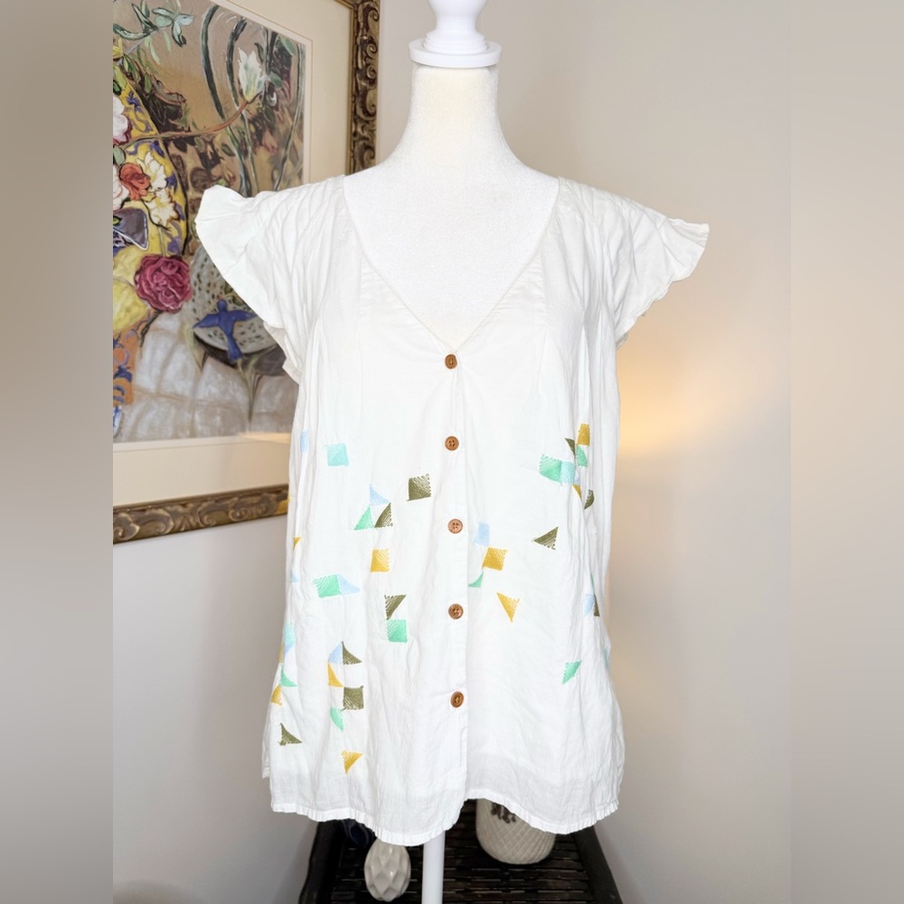 Maeve Anthropologie White Cotton Embroidered Button Front Top Blouse Sz 10